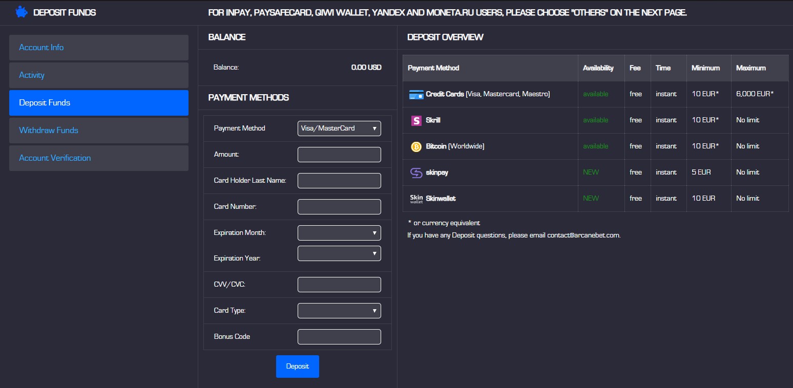 ArcaneBet payment options