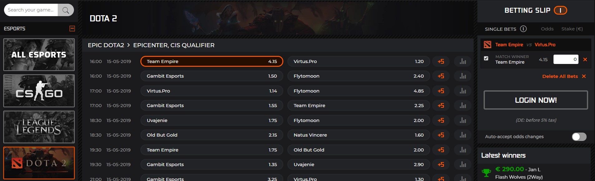 Esportsbetting.com betting options